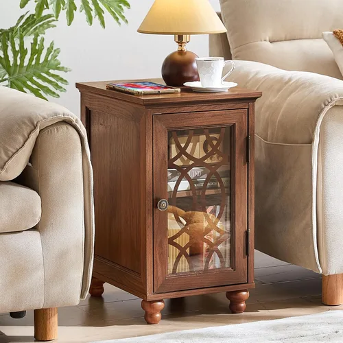 Miniatura 12 de Joaxswe Mesa auxiliar estrecha con puerta de cristal, mesita de noche de 18 x 14 pulgadas con estante ajustable, organizador de gabinete