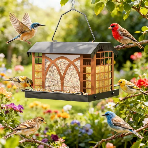 Miniatura 9 de Comederos para pájaros para colgar al aire libre, comedero de metal para pájaros con doble jaula de sebo resistente a la intemperie, techo de metal