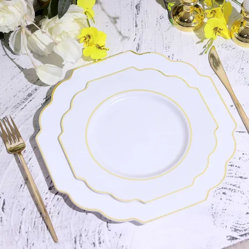 Miniatura 21 de Efavormart - Paquete de 10 platos de postre de plástico color rosa canela de 8 pulgadas, con borde dorado barroco, platos de ensalada desechables