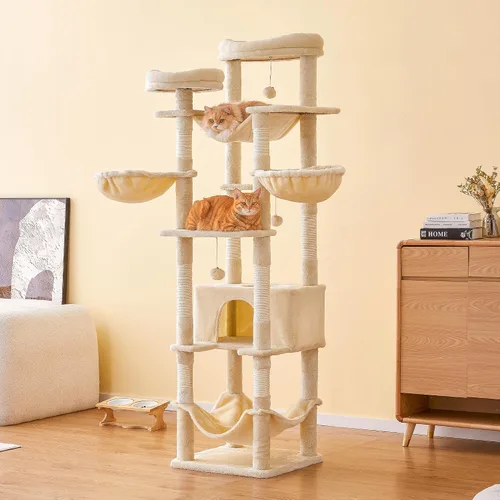 Miniatura 9 de Árbol para gatos de 77 pulgadas de alto, torre grande de varios niveles para gatos con 4 hamacas, 2 perchas acolchadas, condominio para gatos, Beige