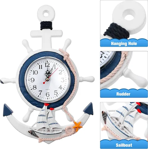Miniatura 6 de BESPORTBLE Reloj náutico de anclaje de pared con temática de playa, reloj de barco costero, decoración de pared estilo mediterráneo, adorno