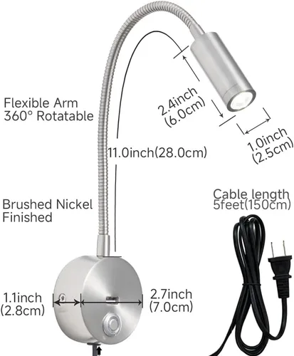Miniatura 6 de Luz de lectura regulable montada en la pared con puerto de carga USB, luz de lectura LED enchufable, lámparas de pared con cuello de cisne flexible