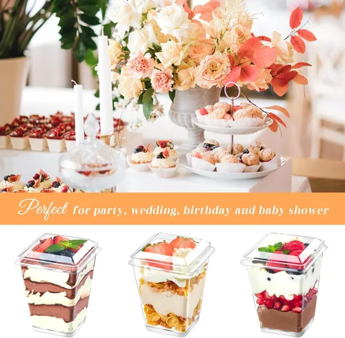 Miniatura 4 de Kucoele Paquete de 100 tazas de postre de plástico de 5 onzas con tapas y cucharas, tazas de parfait transparentes, tazas de pudín, mini tazas