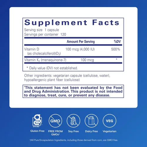 Miniatura 2 de Pure Encapsulations Vitamina D3 y K2 – Apoyo a la salud ósea y vascular – Apoyo a la función inmunológica* – Sin gluten – Sin OMG – 120 cápsulas