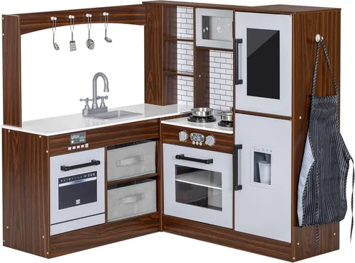 Miniatura 6 de Juego de cocina esquinera, cocina de madera con luces y sonidos, cocina grande con estufa, juguetes de cocina, microondas, horno, máquina de hielo