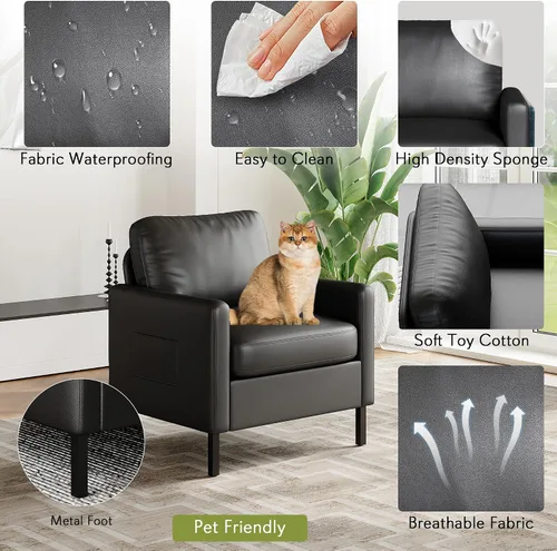 Miniatura 4 de STHOUYN Juego de 2 sillas decorativas de piel sintética negra con brazos, moderna silla de oficina pequeña, sillas de sala de espera para sala