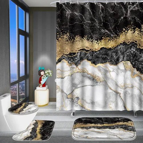 Miniatura 6 de Poedist Juego de 4 cortinas de ducha de baño con borde negro y dorado, juego de baño con cortina de ducha y alfombras