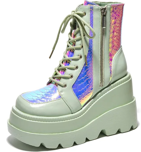Miniatura 12 de Cape Robbin Botines de plataforma holográficos para mujeres, tacones gruesos en bloque, punta puntiaguda, cuero PU con correa de hebilla