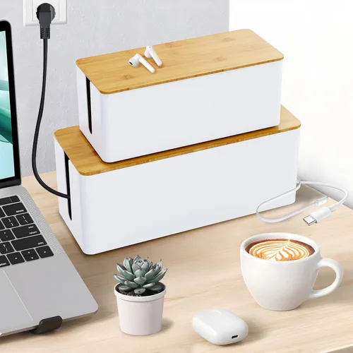 Caja organizadora de cables, paquete de 2 cajas organizadoras de cables grandes de madera para la oficina y el hogar, caja organizadora de cables 2