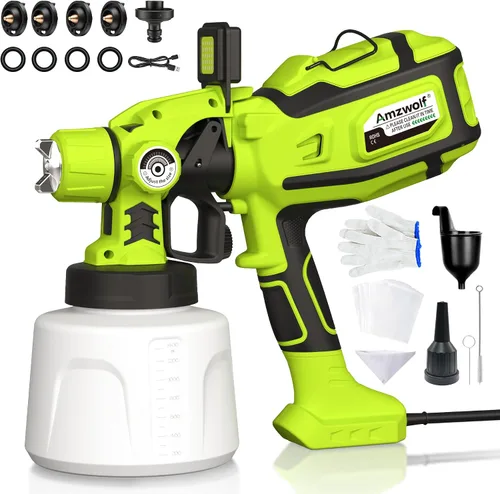 Pulverizador de Pintura, AMZWOLF Pistola de Pintura en Aerosol HVLP de 1250W con 5 Boquillas y 3 Patrones de Rociado, Control de Flujo Ajustable,