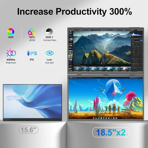 Miniatura 2 de Monitor portátil dual, 18.5 pulgadas, 1080P FHD IPS plegable, triple apilado, extensor de pantalla de computadora portátil, USB-C Plug & Play