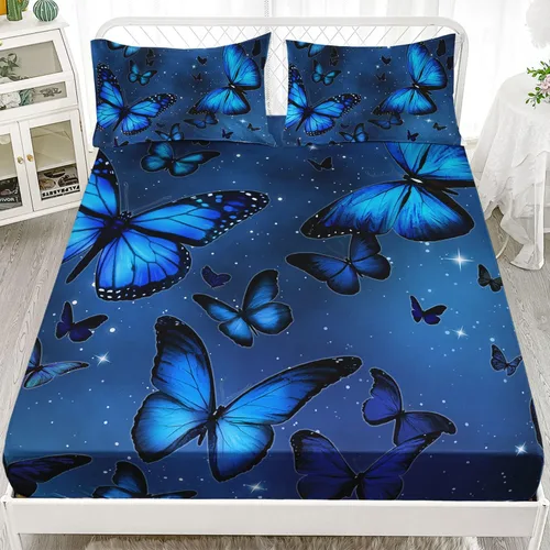 Miniatura 2 de Datura home Bedding - Juego de sábanas bajeras y sábanas encimeras, 4 piezas, estampado de mariposas azules, juego de ropa de cama con 1 sábana