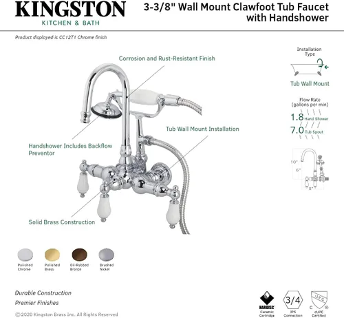 Miniatura 3 de Kingston Brass CC11T8 - Grifo vintage para bañera con ducha de mano, níquel satinado, centro de 3-3/8 pulgadas cepillado níquel