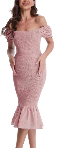 Vestido de maternidad de verano a media pierna, manga corta abombada, cuello cuadrado, dobladillo con volantes, vestido de sirena para baby shower