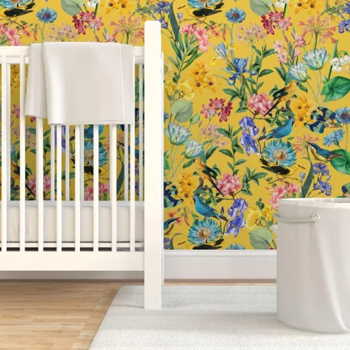 Miniatura 6 de Muestro de papel tapiz extraíble, selva tropical, amarillo, dibujado a mano, botánico, pájaros tropicales, papel pintado prepegado personalizado por