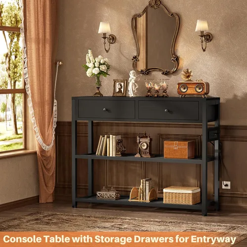 Miniatura 6 de Ecoprsio Mesa de Entrada con Tomacorrientes y Puertos USB, Mesa Consola con 2 Cajones, Mesa de Sofá Pequeña con Estantes de Almacenamiento para Sala