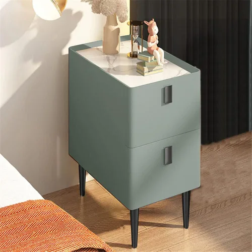 Miniatura 11 de Mesita de noche moderna de madera maciza con almacenamiento de 2 cajones, parte superior de mármol, práctica mesa auxiliar auxiliar para dormitorio
