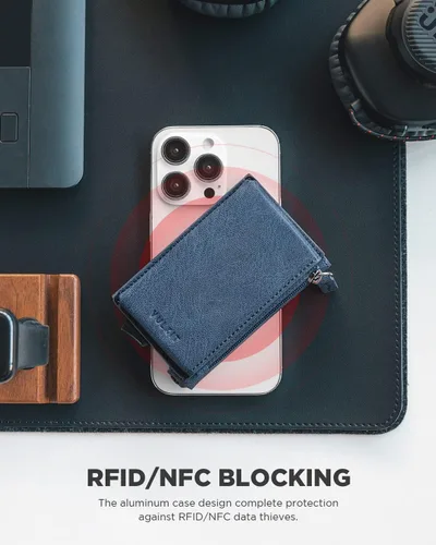 Miniatura 4 de VULKIT Tarjetero de crédito con bolsillo de cuero con cremallera desplegable con bloqueo RFID, funda de metal delgada, marino