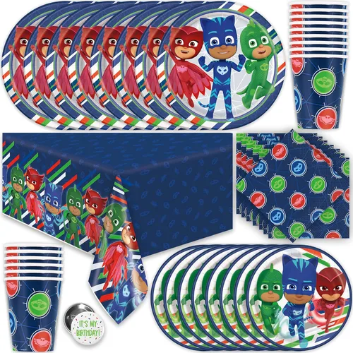 PJ Masks - Juego de suministros para fiesta de cumpleaños, decoración, cubierta de mesa, platos, vasos, servilletas y botón para 16 invitados, niños