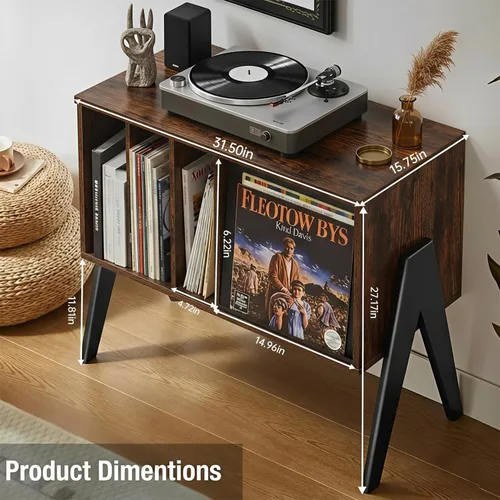 Miniatura 5 de Soporte para tocadiscos con almacenamiento de vinilo y pantalla abatible, soporte giratorio moderno de mediados de siglo, gabinete de almacenamiento