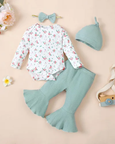 Miniatura 25 de Renotemy Conjunto de ropa para bebé recién nacida, mameluco con volantes, pantalones florales, lindo conjunto de ropa para bebé niña