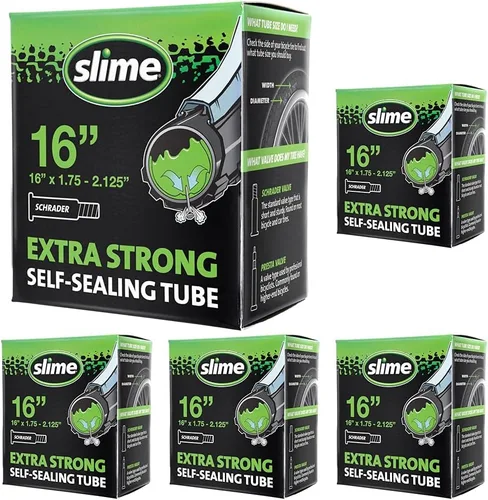 Slime 30051 Tubo interior de bicicleta con sellador de pinchazos Slime extra fuerte, autosellante, evita y repara, válvula Schrader, 16 pulgadas x
