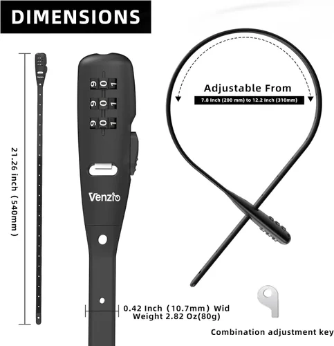 Miniatura 2 de Venzio Cerradura de brida de cable ajustable, cerradura de seguridad de combinación de 3 dígitos con núcleo de acero inoxidable 304 para bicicleta