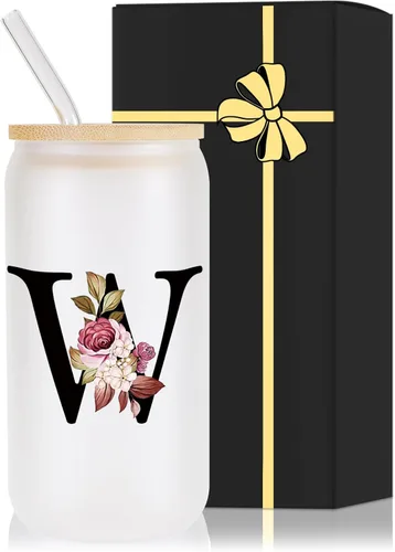 Miniatura 30 de Vaso de vidrio con monograma con tapa de bambú, popote personalizado, vaso de café helado de 16 onzas, tarro transparente de masón, cerveza, agua