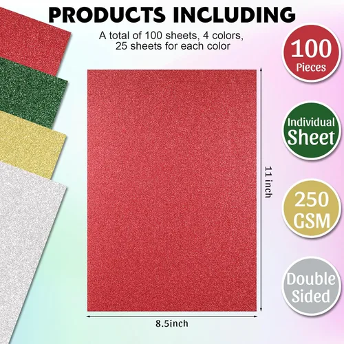 Miniatura 2 de Yeaqee 100 hojas de papel de cartulina con purpurina de Navidad, papel de regalo metálico de 8.5 x 11 pulgadas, cartulina pesada de 8.82 oz/m²