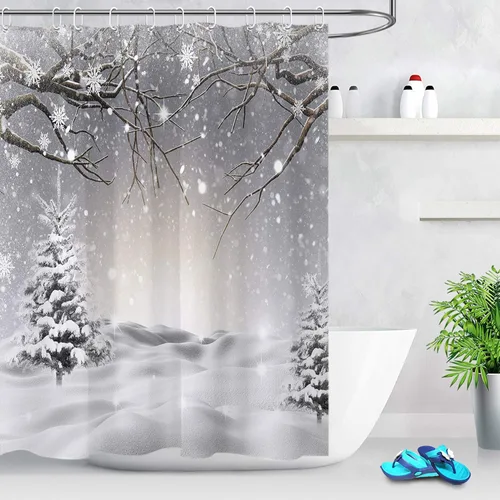 Miniatura 2 de LB Cortina de ducha de invierno con copos de nieve, cubierta de pino, rama de árbol de nieve, cortina de baño con ganchos, 57 x 72 pulgadas, tela