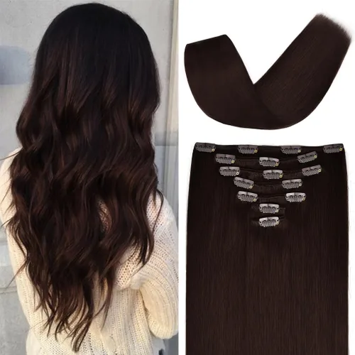 Extensiones de cabello humano Remy de 16 pulgadas, 2.47 onzas, 7 unidades, 16 clips, lacio, grueso, 100% real, para mujer, color marrón oscuro #2