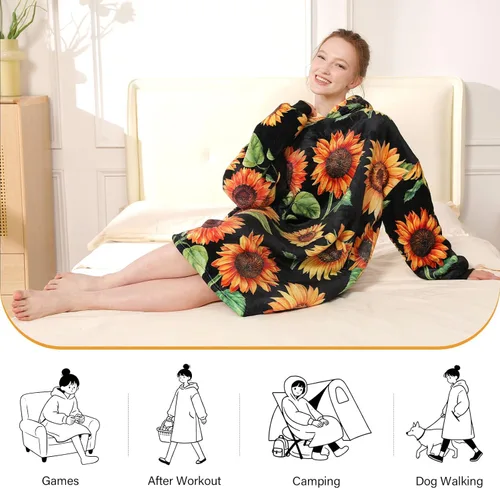 Miniatura 6 de LetsFunny Manta con Capucha, Sudadera Manta de Forro Polar Sherpa de Gran Tamaño Usable, Súper Suave Cálida y Acogedora con Bolsillo Gigante, Girasol