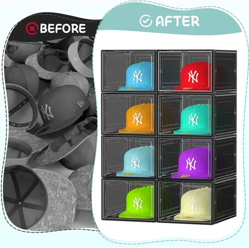 Miniatura 5 de SCAVATA Paquete de 6 Cajas Organizadoras de Sombreros, Cajas Contenedoras Apilables Transparentes para Gorras de Béisbol con Puerta Magnética