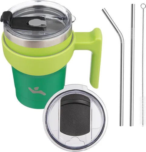Miniatura 49 de Konokyo - Vaso de 10 onzas con asa y 2 popotes, 2 tapas, botella de agua aislada de acero inoxidable, taza de viaje reutilizable, color verde militar