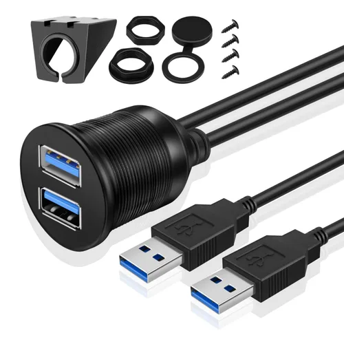 Miniatura 9 de TNP - Cable de montaje empotrado USB – Panel de salpicadero de 2 puertos, enchufe USB doble, conector de enchufe USB, cable de extensión impermeable