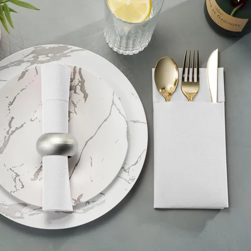Miniatura 4 de Paquete de 50 servilletas desechables de lino con bolsillo integrado para cubiertos, tela preplegada blanca como servilletas de papel para cenas