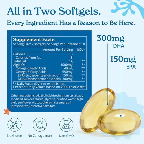 Miniatura 3 de Calgee Suplemento de algas Omega 3, 450 mg de DHA y EPA, sin carragenano y sin sorbitol, cápsulas blandas veganas, probadas por terceros