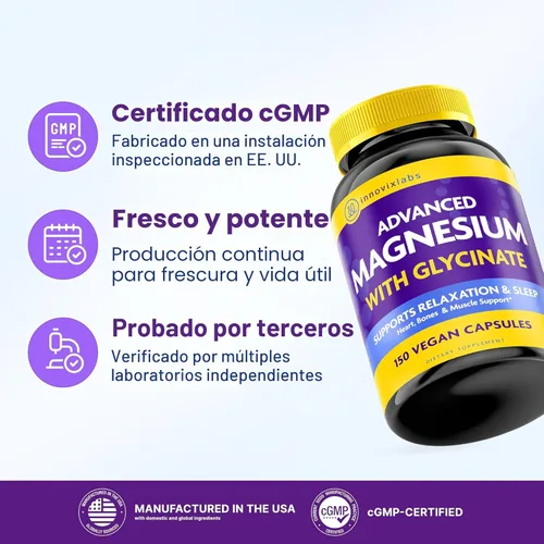 Miniatura 5 de InnovixLabs Cápsulas avanzadas de magnesio, 150 unidades, 210 mg, glicinato quelado y malato, alta absorción, promueve la relajación, los huesos