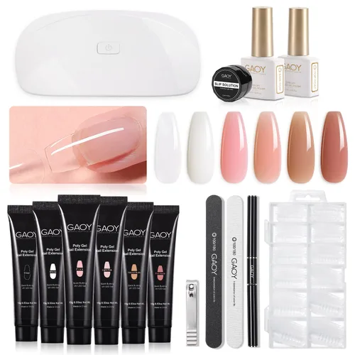 GAOY Kit de uñas de gel de poliéster con kit de inicio de luz UV, kit de extensión de gel constructor de 6 piezas para principiantes con todo arte