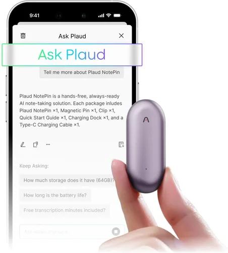 Miniatura 12 de Plaud Grabadora de voz NotePin, grabadora de voz AI, tomador de notas AI, transcribir y resumir AI, compatible con 112 idiomas, para reuniones, Gris