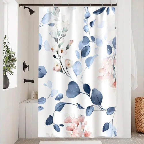 Miniatura 26 de Cortina de ducha pequeña de eucalipto azul acuarela, juego de cortinas de ducha pequeñas impermeables con diseño floral de primavera con ganchos, 36