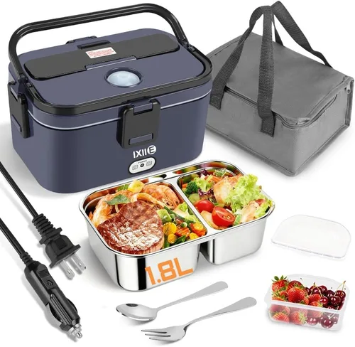 Miniatura 8 de IXIIE Fiambrera eléctrica de 80 W para adultos, calentador de almuerzo de 1.5 L con 2 compartimentos para camiones/coches/trabajo, lonchera térmica
