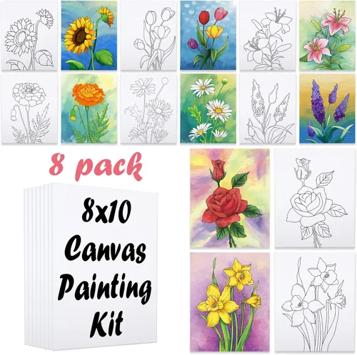 Miniatura 12 de Paquete de 8 lienzos predibujados para pintar para adultos, suministros para fiestas de pintar y beber, juego de pintura en lienzo para artistas
