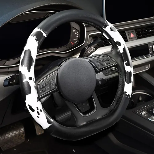 ZHOL Funda para volante con estampado de vaca, cubierta de volante de automóvil en forma de D, piel de microfibra de 14 1/2-15 pulgadas (14.6-15.4