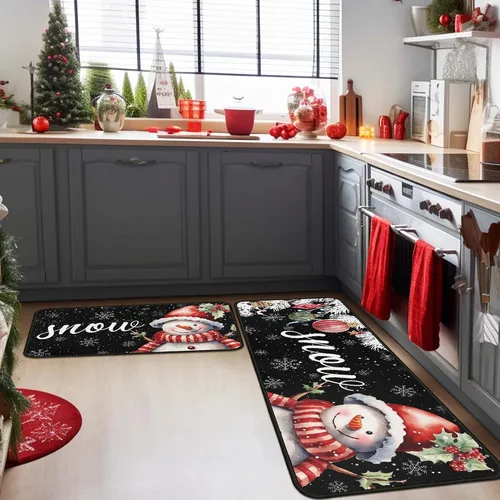 Miniatura 4 de Juego de 2 alfombras y tapetes de cocina navideños de muñeco de nieve negro y copo de nieve, decoración del hogar de invierno, tapete de piso