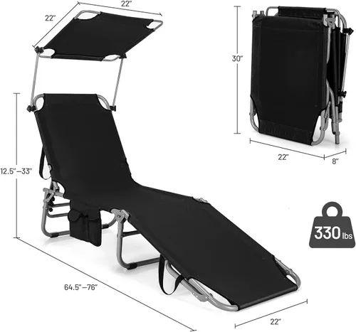 Miniatura 3 de Giantex Tumbona plegable para exteriores, silla de bronceado portátil con 5 posiciones ajustables, toldo de 360°, bolsillo de almacenamiento