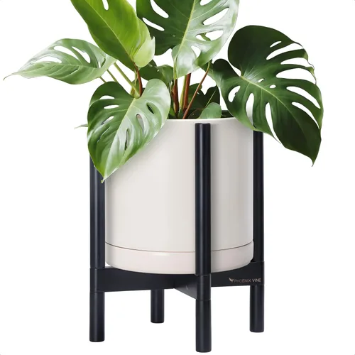 Miniatura 88 de D'vine Dev Maceta de cerámica con soporte de ébano – Maceta redonda moderna de 8 pulgadas con soporte para maceta de madera, color negro, 55-B-M-2