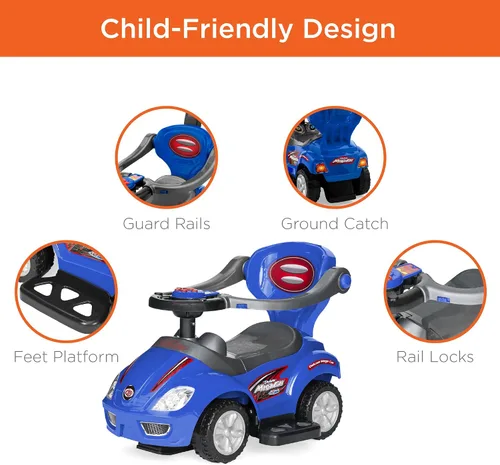 Miniatura 3 de Best Choice Products Carro de empuje y pedal 3 en 1 para niños, carro de juguete para niños pequeños con mango, bocina y música - Azul
