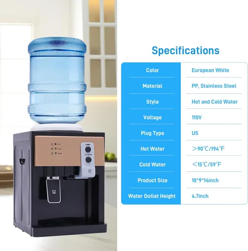 Miniatura 4 de Dispensador de enfriador de agua para encimera, 3 ajustes de temperatura, dispensador de agua caliente y fría, capacidad para botellas de 1.2 a 5