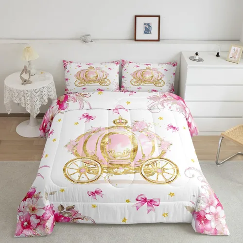 Juego de edredón de carruaje de princesa, juego de ropa de cama rosa de lujo para niños y adolescentes, decoración moderna, edredón de flores de